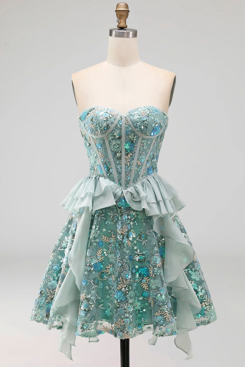 Laden Sie das Bild in den Galerie-Viewer, Salbeigrünes Sweetheart Korsett A-Linie Kurzes Abendkleid mit Pailletten