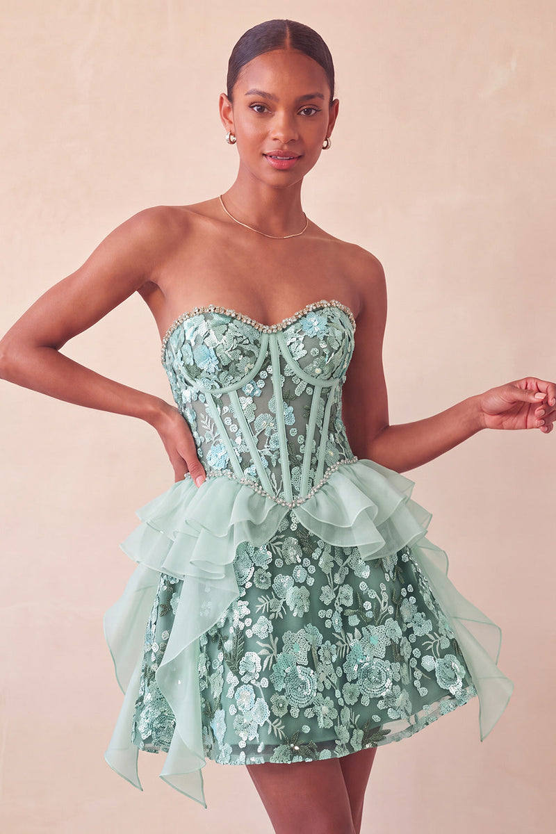 Laden Sie das Bild in den Galerie-Viewer, Salbeigrünes Sweetheart-Korsett A-Line Kurzes Homecoming-Kleid mit Pailletten