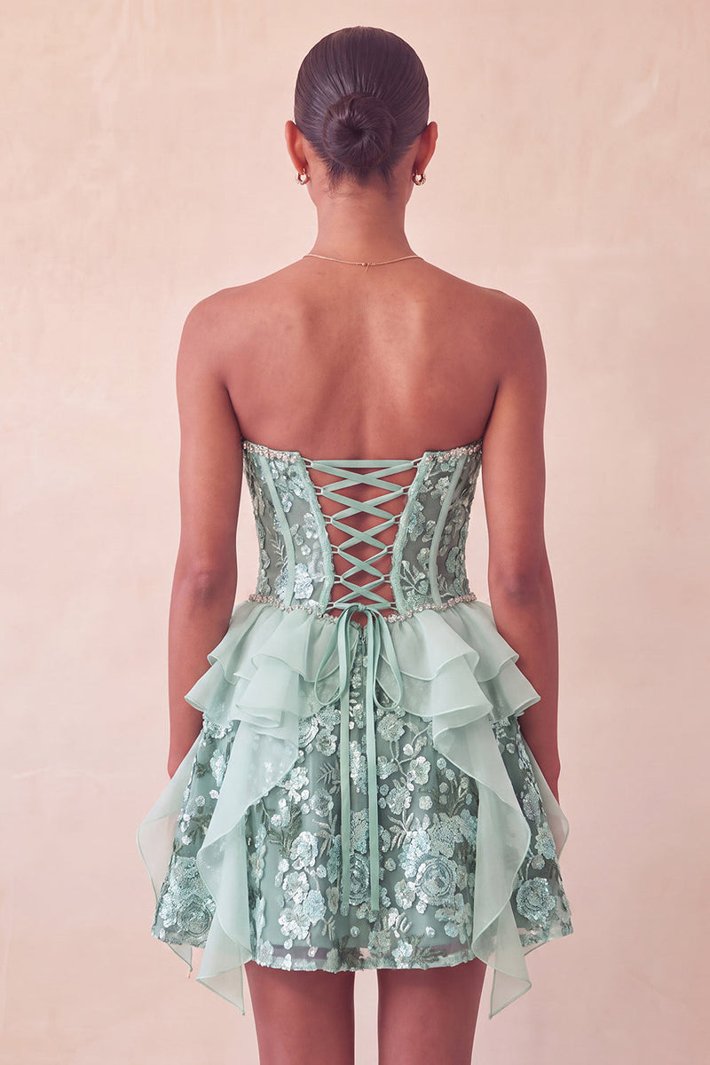 Laden Sie das Bild in den Galerie-Viewer, Salbeigrünes Sweetheart-Korsett A-Line Kurzes Homecoming-Kleid mit Pailletten