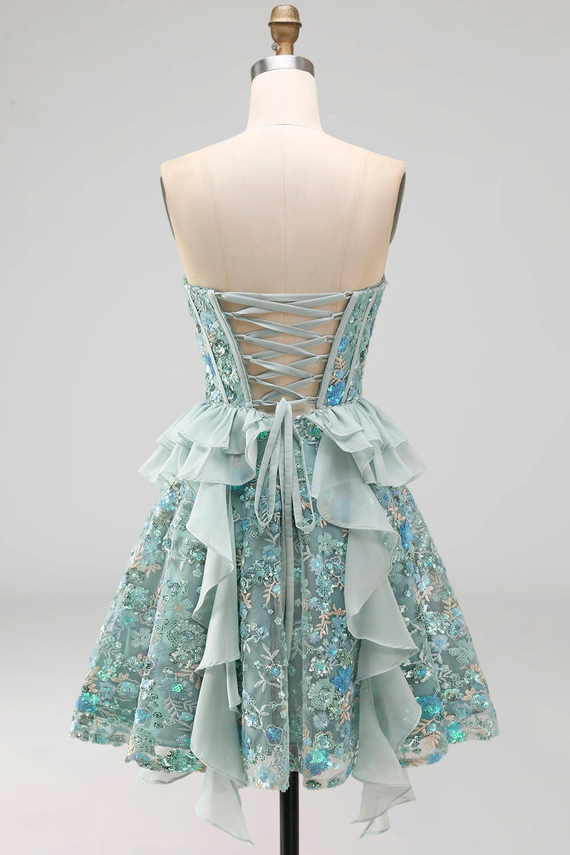 Laden Sie das Bild in den Galerie-Viewer, Salbeigrünes Sweetheart Korsett A-Linie Kurzes Abendkleid mit Pailletten