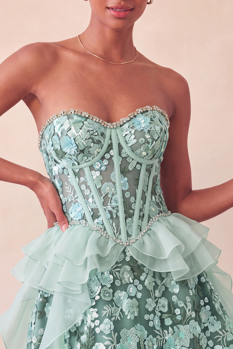 Laden Sie das Bild in den Galerie-Viewer, Salbeigrünes Sweetheart-Korsett A-Line Kurzes Homecoming-Kleid mit Pailletten