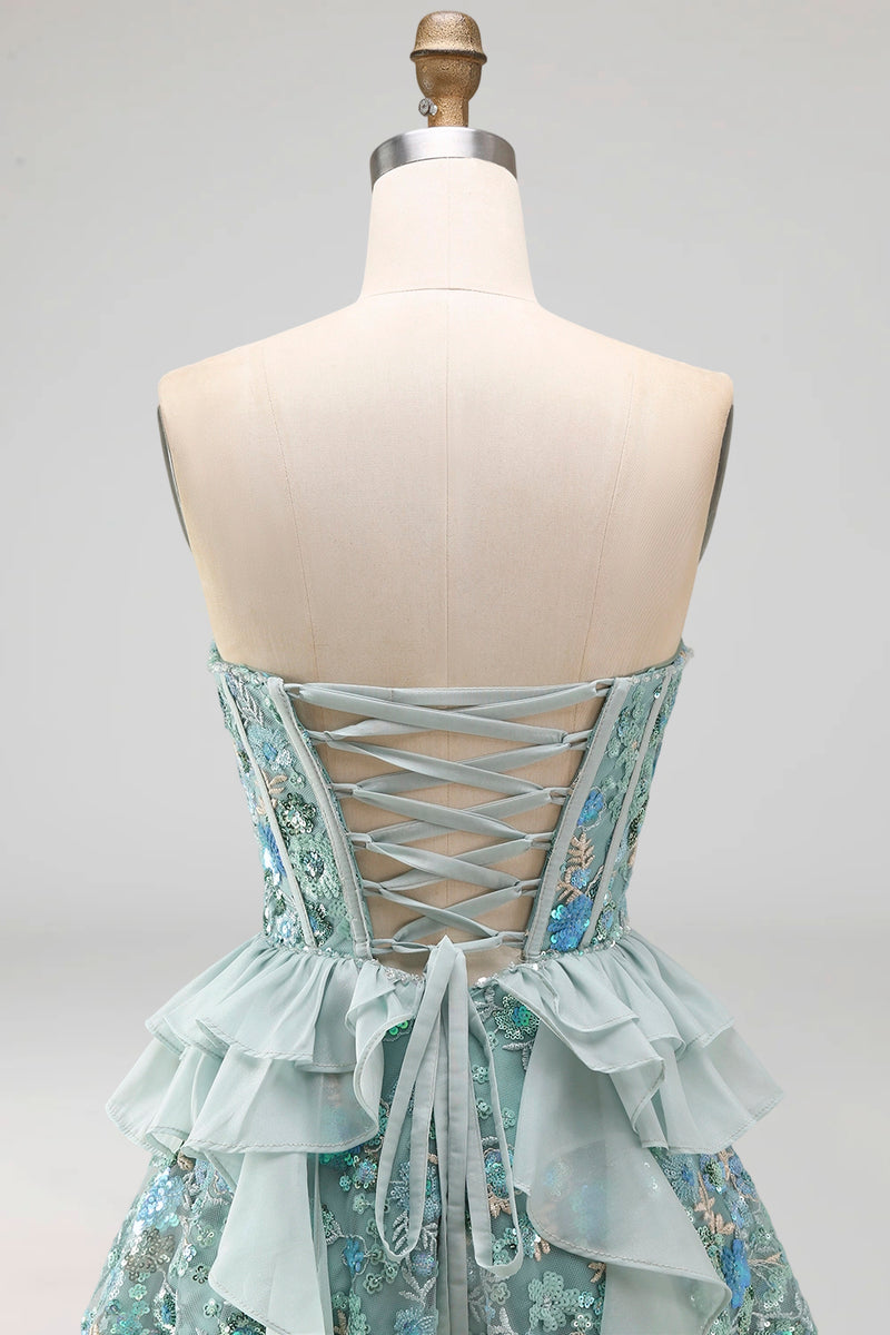 Laden Sie das Bild in den Galerie-Viewer, Salbeigrünes Sweetheart Korsett A-Linie Kurzes Abendkleid mit Pailletten