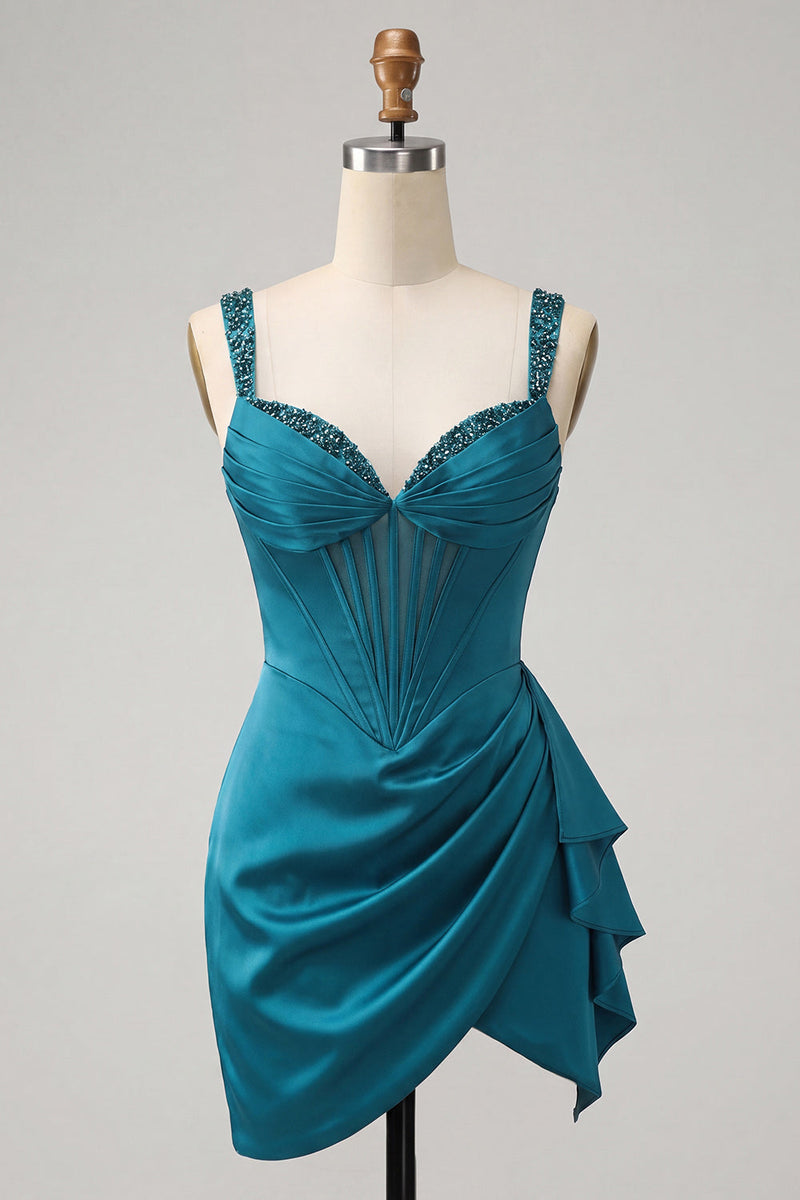 Laden Sie das Bild in den Galerie-Viewer, Bodycon baskisches Taillenkorsett Lake Blue gerafftes Homecoming-Kleid mit Rüschen