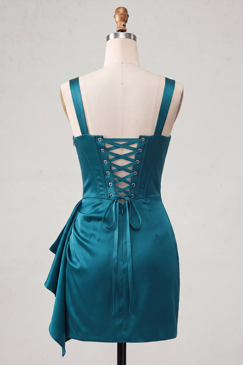 Laden Sie das Bild in den Galerie-Viewer, Bodycon baskisches Taillenkorsett Lake Blue gerafftes Homecoming-Kleid mit Rüschen