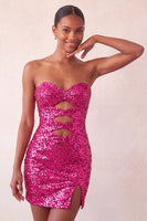 Laden Sie das Bild in den Galerie-Viewer, Sweetheart Fuchsia Keyhole Bodycon glitzerndes Pailletten-Homecoming-Kleid mit Schlitz