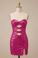Laden Sie das Bild in den Galerie-Viewer, Sweetheart Fuchsia Keyhole Bodycon glitzerndes Pailletten-Homecoming-Kleid mit Schlitz