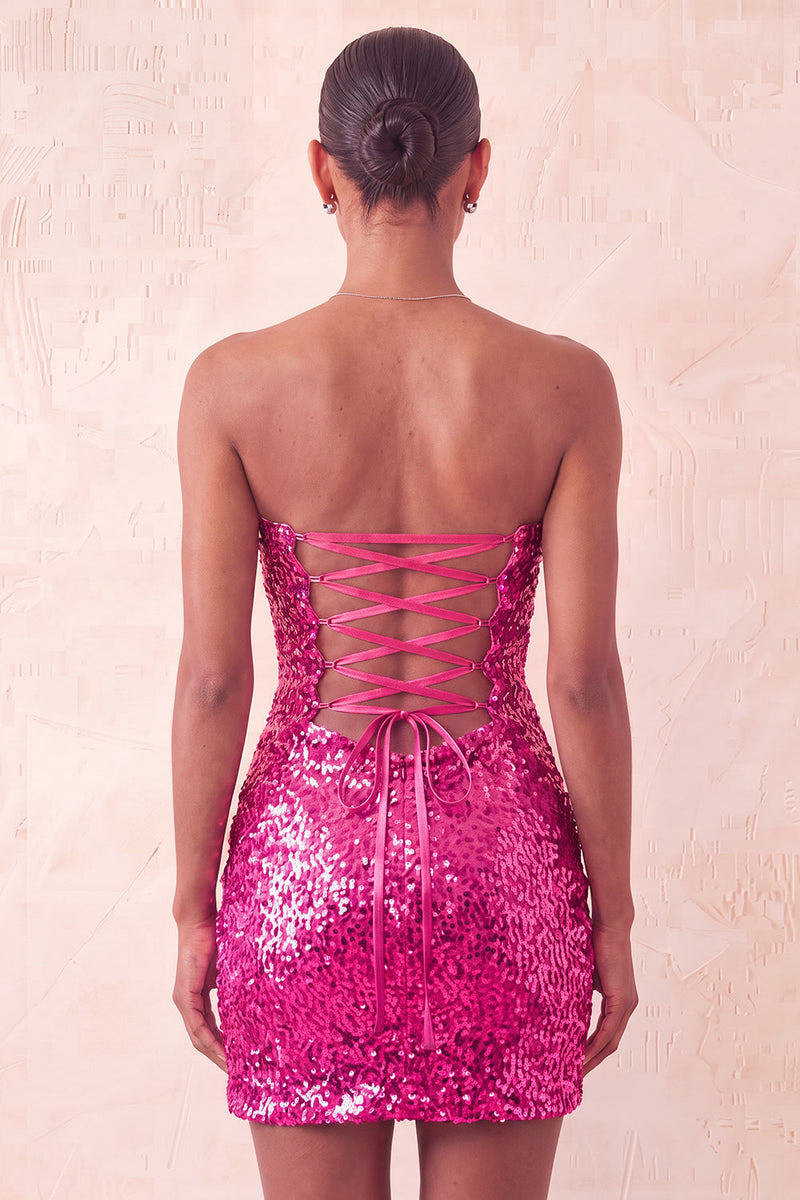 Laden Sie das Bild in den Galerie-Viewer, Sweetheart Fuchsia Keyhole Bodycon glitzerndes Pailletten-Homecoming-Kleid mit Schlitz