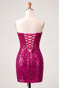 Sweetheart Fuchsia Keyhole Bodycon Glitzerndes Pailletten Kurzes Abendkleid mit Schlitz