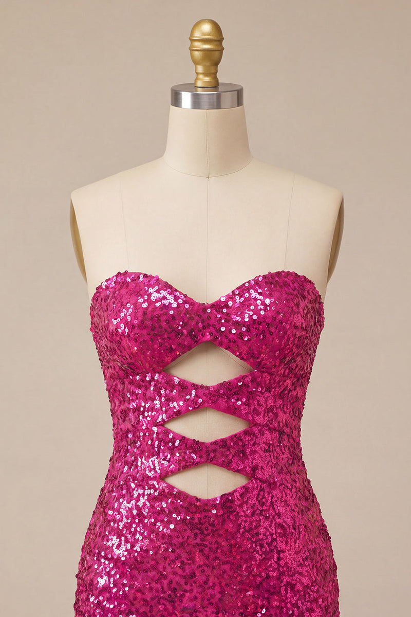 Laden Sie das Bild in den Galerie-Viewer, Sweetheart Fuchsia Keyhole Bodycon glitzerndes Pailletten-Homecoming-Kleid mit Schlitz