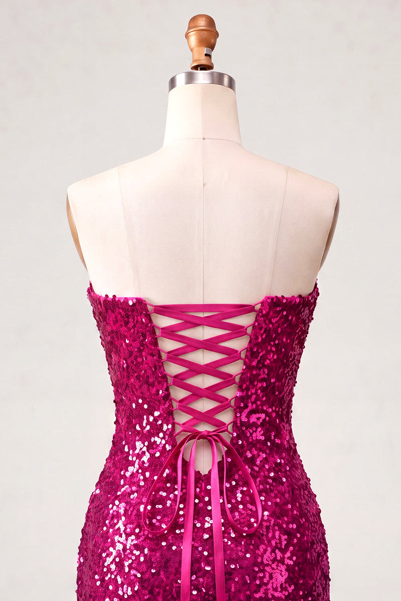 Laden Sie das Bild in den Galerie-Viewer, Sweetheart Fuchsia Keyhole Bodycon glitzerndes Pailletten-Homecoming-Kleid mit Schlitz