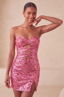 Laden Sie das Bild in den Galerie-Viewer, Sweetheart Fuchsia Keyhole Bodycon glitzerndes Pailletten-Homecoming-Kleid mit Schlitz