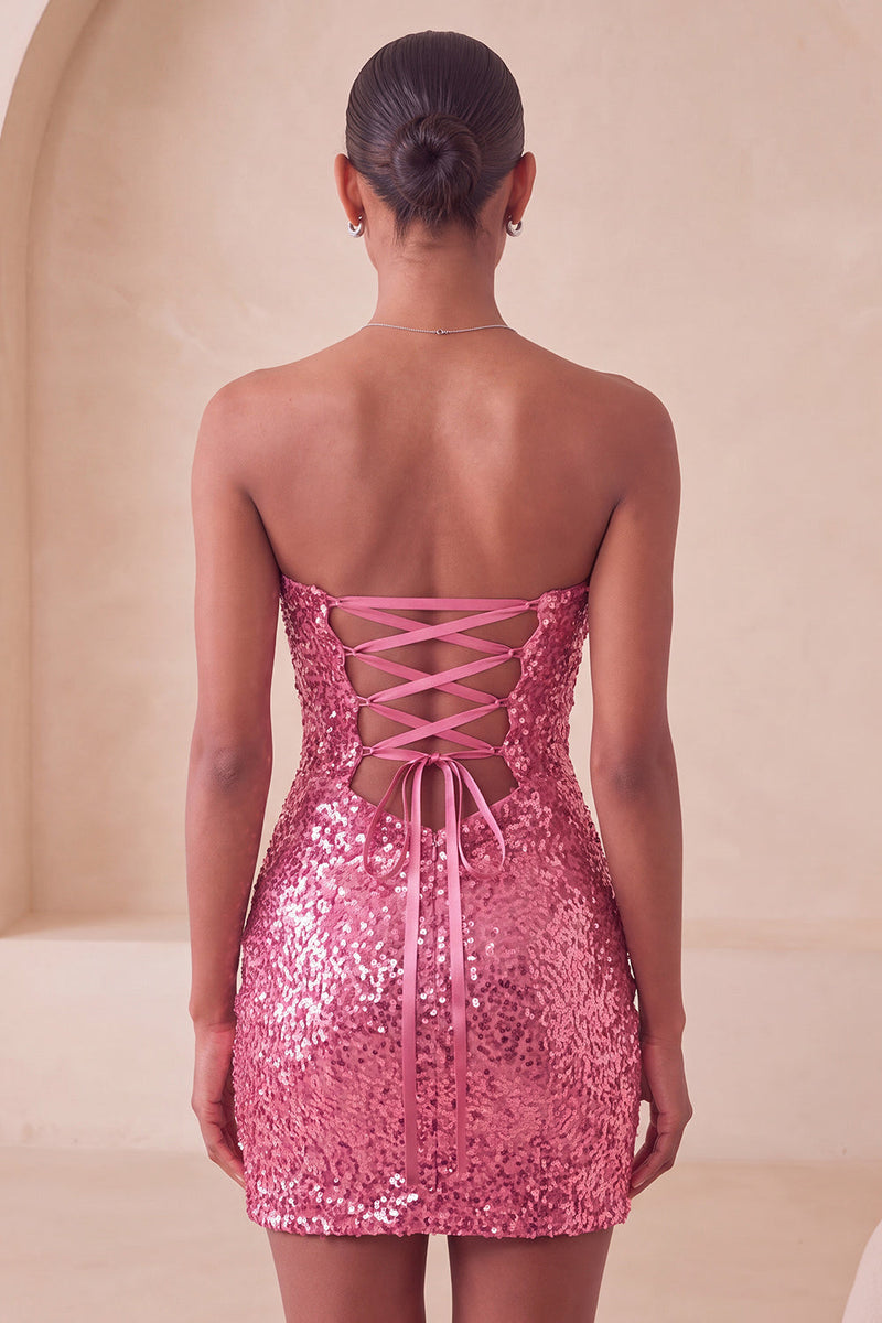 Laden Sie das Bild in den Galerie-Viewer, Sweetheart Fuchsia Keyhole Bodycon glitzerndes Pailletten-Homecoming-Kleid mit Schlitz