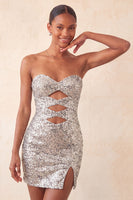 Laden Sie das Bild in den Galerie-Viewer, Sweetheart Fuchsia Keyhole Bodycon glitzerndes Pailletten-Homecoming-Kleid mit Schlitz