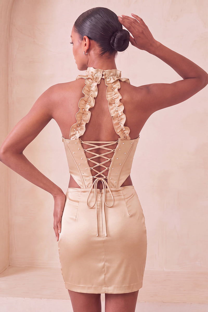 Laden Sie das Bild in den Galerie-Viewer, Halter-Korsett Bodycon Mintgrün gerafftes kurzes Homecoming-Kleid mit Schlitz
