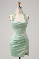 Laden Sie das Bild in den Galerie-Viewer, Halter-Korsett Bodycon Mintgrün gerafftes kurzes Homecoming-Kleid mit Schlitz