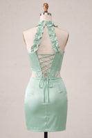 Laden Sie das Bild in den Galerie-Viewer, Halter-Korsett Bodycon Mintgrün gerafftes kurzes Homecoming-Kleid mit Schlitz