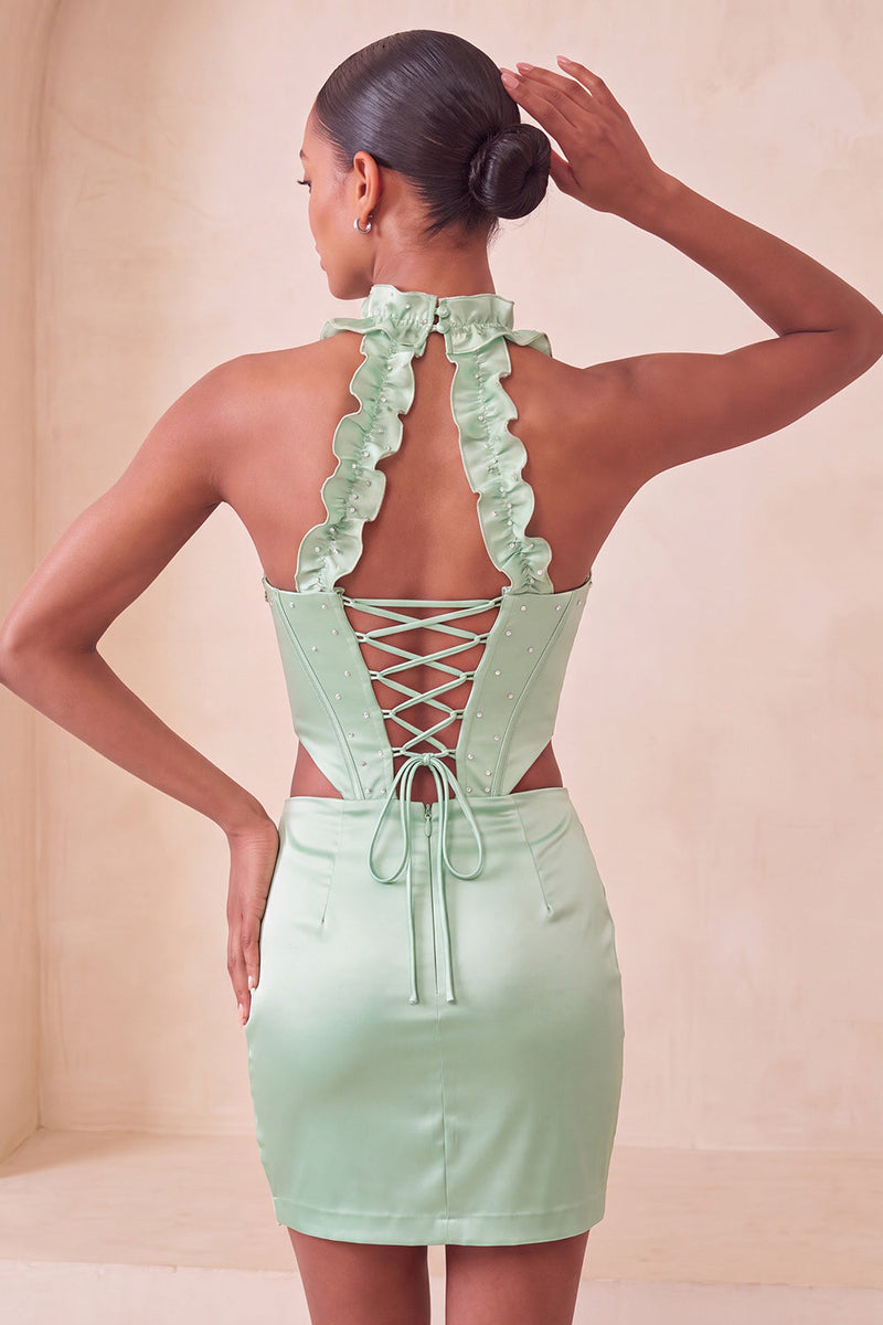 Laden Sie das Bild in den Galerie-Viewer, Halter-Korsett Bodycon Mintgrün gerafftes kurzes Homecoming-Kleid mit Schlitz