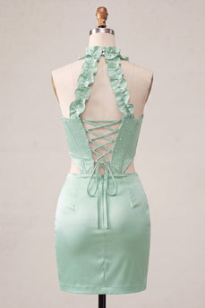 Halter Korsett Bodycon Mintgrün Gerafftes Kurzes Abendkleid mit Schlitz