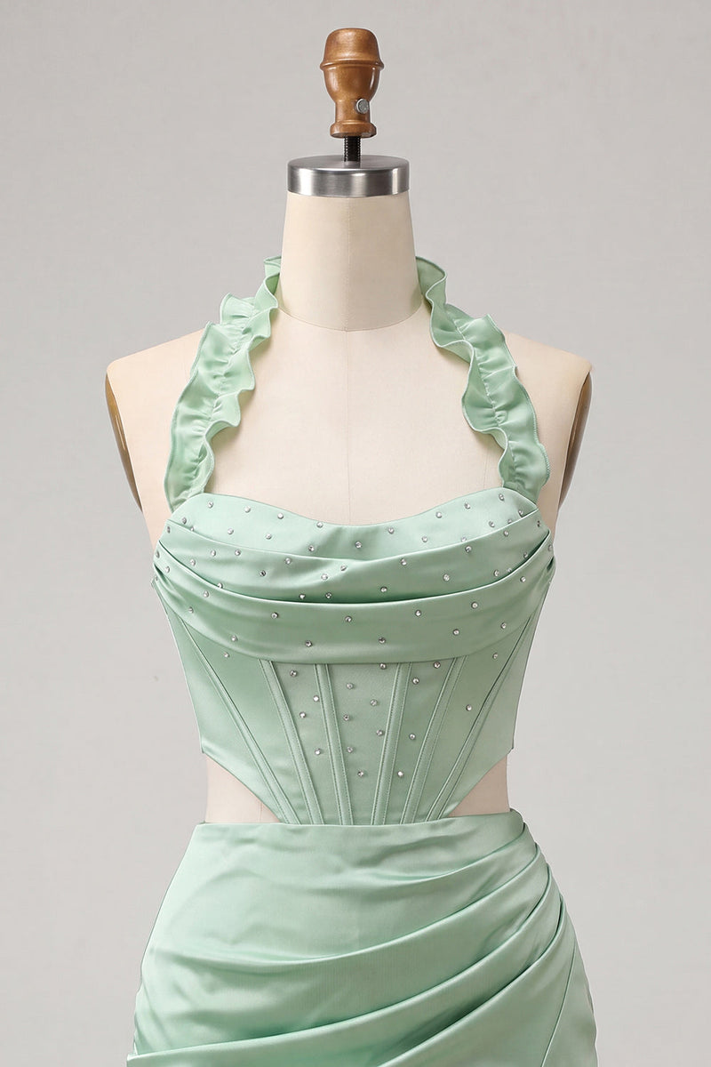 Laden Sie das Bild in den Galerie-Viewer, Halter-Korsett Bodycon Mintgrün gerafftes kurzes Homecoming-Kleid mit Schlitz