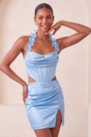 Laden Sie das Bild in den Galerie-Viewer, Halter-Korsett Bodycon Mintgrün gerafftes kurzes Homecoming-Kleid mit Schlitz