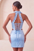 Laden Sie das Bild in den Galerie-Viewer, Halter-Korsett Bodycon Mintgrün gerafftes kurzes Homecoming-Kleid mit Schlitz