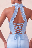 Laden Sie das Bild in den Galerie-Viewer, Halter-Korsett Bodycon Mintgrün gerafftes kurzes Homecoming-Kleid mit Schlitz