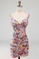 Laden Sie das Bild in den Galerie-Viewer, Rosa Korsett Bodycon Gerafftes Kurzes Abendkleid mit Pailletten