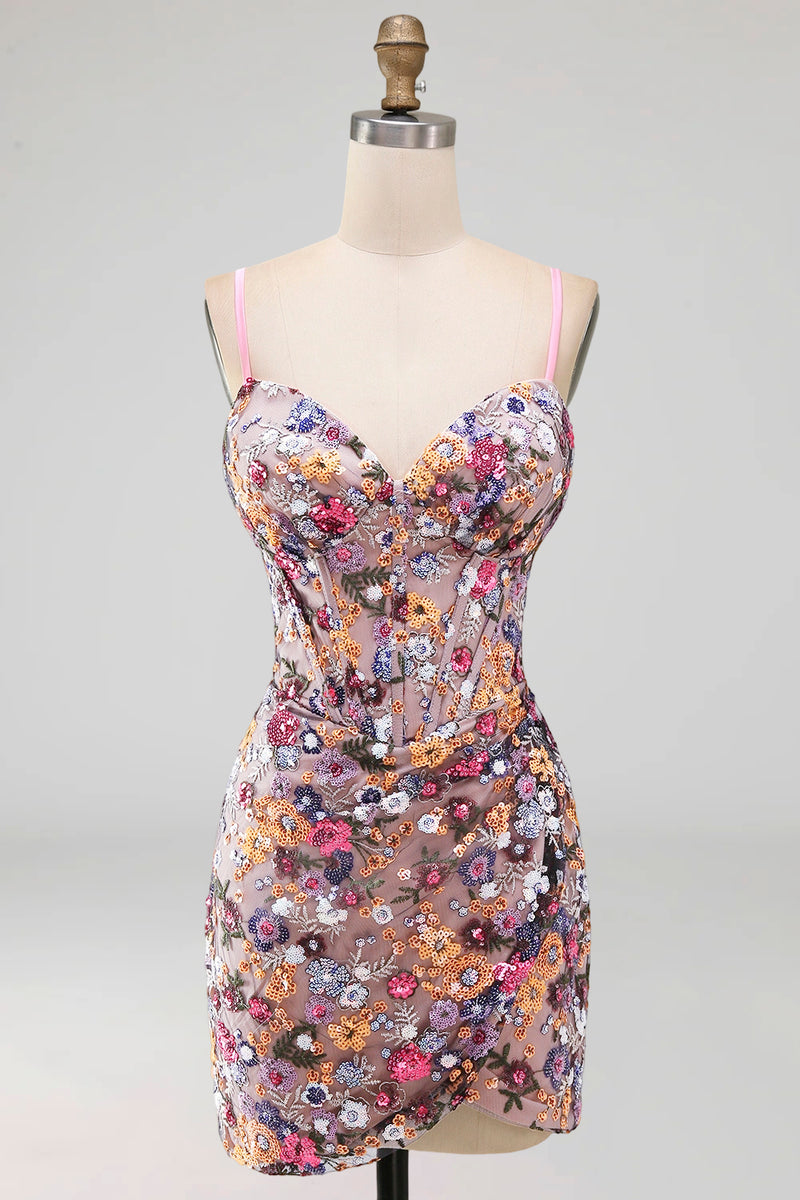 Laden Sie das Bild in den Galerie-Viewer, Rosa Korsett Bodycon Gerafftes Kurzes Abendkleid mit Pailletten