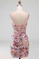 Laden Sie das Bild in den Galerie-Viewer, Rosa Korsett Bodycon Gerafftes Kurzes Abendkleid mit Pailletten