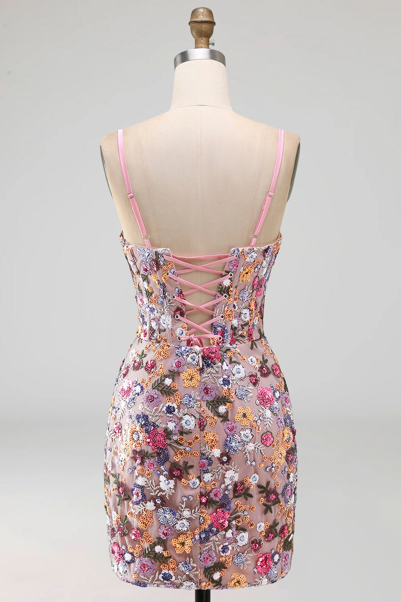 Laden Sie das Bild in den Galerie-Viewer, Rosa Korsett Bodycon Gerafftes Kurzes Abendkleid mit Pailletten