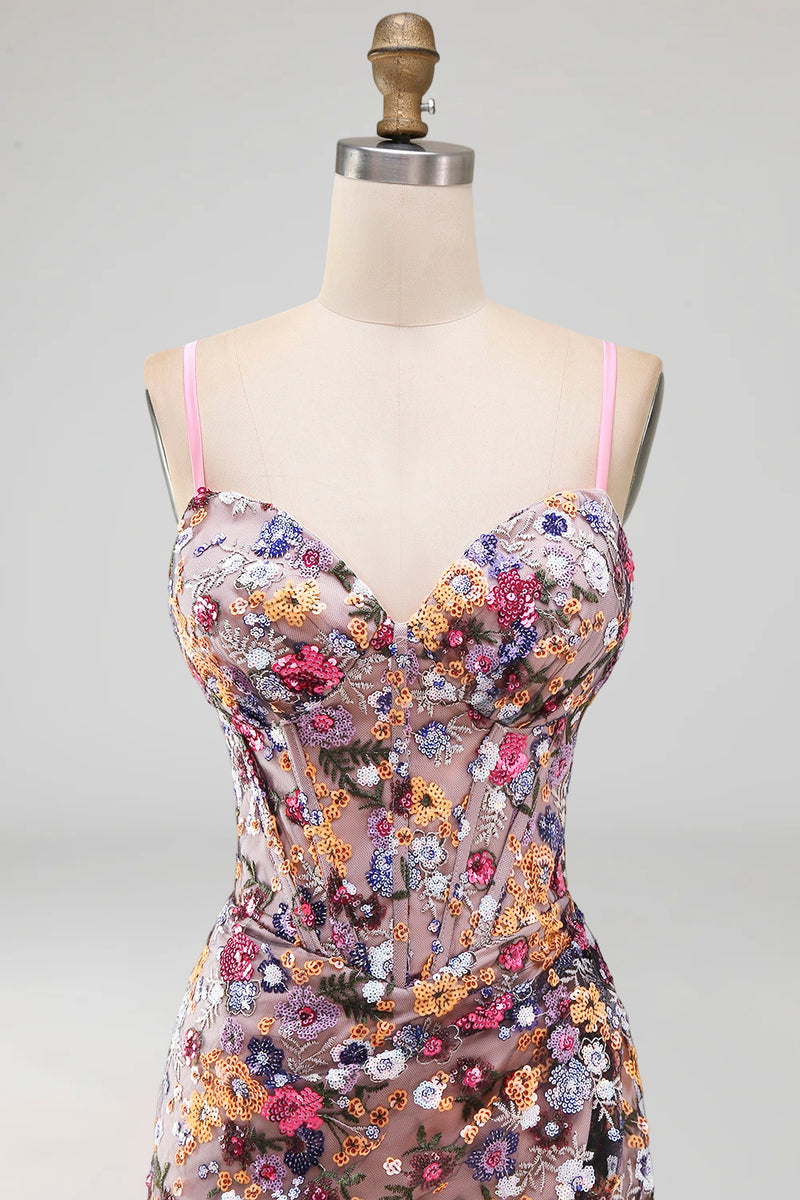 Laden Sie das Bild in den Galerie-Viewer, Rosa Korsett Bodycon Gerafftes Kurzes Abendkleid mit Pailletten