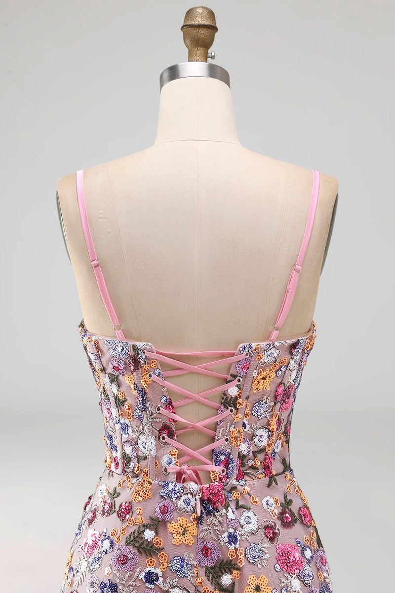 Laden Sie das Bild in den Galerie-Viewer, Rosa Korsett Bodycon Gerafftes Kurzes Abendkleid mit Pailletten