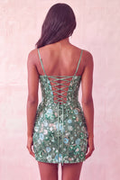 Laden Sie das Bild in den Galerie-Viewer, Rosa Korsett Bodycon, gerafftes kurzes Homecoming-Kleid mit Pailletten