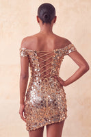 Laden Sie das Bild in den Galerie-Viewer, Glitzerndes Champagner-Off-the-Shoulder-Bodycon-Homecoming-Kleid mit Pailletten