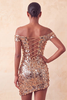 Glitzerndes Champagner Off-the-Shoulder Bodycon Kurzes Abendkleid mit Pailletten