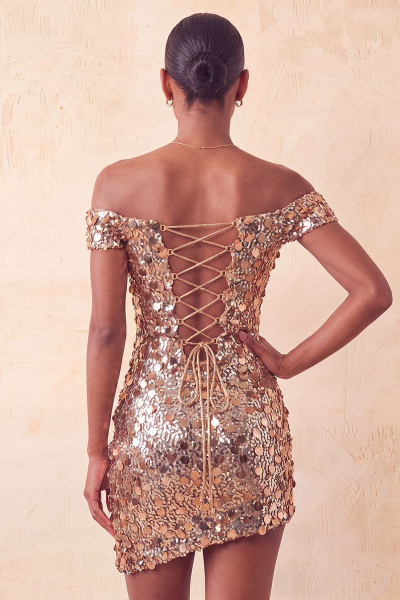 Laden Sie das Bild in den Galerie-Viewer, Glitzerndes Champagner-Off-the-Shoulder-Bodycon-Homecoming-Kleid mit Pailletten