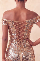 Laden Sie das Bild in den Galerie-Viewer, Glitzerndes Champagner-Off-the-Shoulder-Bodycon-Homecoming-Kleid mit Pailletten