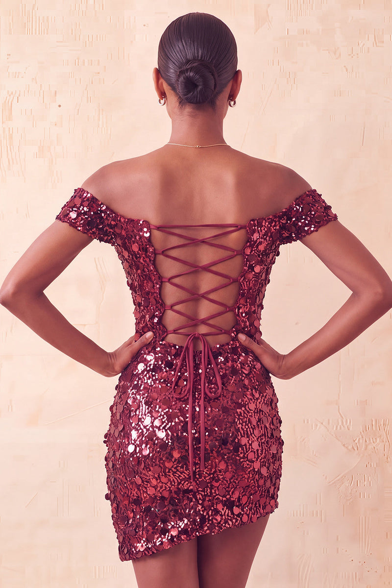 Laden Sie das Bild in den Galerie-Viewer, Glitzerndes Champagner-Off-the-Shoulder-Bodycon-Homecoming-Kleid mit Pailletten