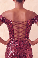 Laden Sie das Bild in den Galerie-Viewer, Glitzerndes Champagner-Off-the-Shoulder-Bodycon-Homecoming-Kleid mit Pailletten