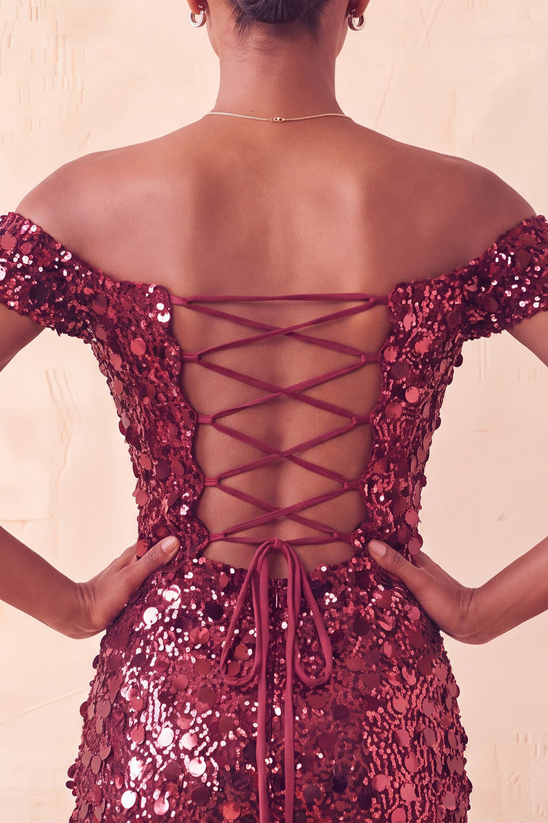 Laden Sie das Bild in den Galerie-Viewer, Glitzerndes Champagner-Off-the-Shoulder-Bodycon-Homecoming-Kleid mit Pailletten