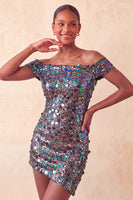 Laden Sie das Bild in den Galerie-Viewer, Glitzerndes Champagner-Off-the-Shoulder-Bodycon-Homecoming-Kleid mit Pailletten