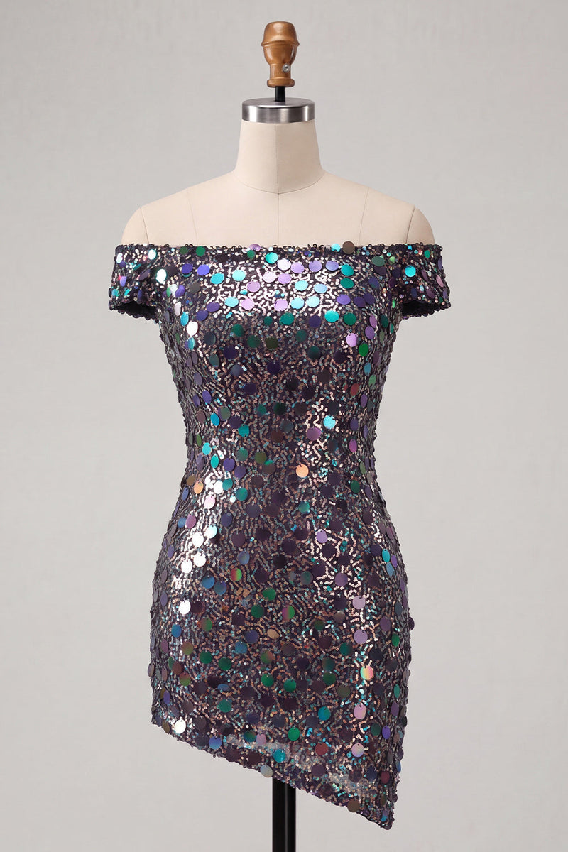 Laden Sie das Bild in den Galerie-Viewer, Glitzerndes Champagner-Off-the-Shoulder-Bodycon-Homecoming-Kleid mit Pailletten