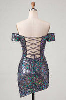 Laden Sie das Bild in den Galerie-Viewer, Glitzerndes Champagner-Off-the-Shoulder-Bodycon-Homecoming-Kleid mit Pailletten