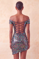 Laden Sie das Bild in den Galerie-Viewer, Glitzerndes Champagner-Off-the-Shoulder-Bodycon-Homecoming-Kleid mit Pailletten
