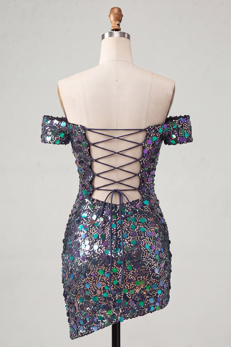 Laden Sie das Bild in den Galerie-Viewer, Glitzerndes Champagner-Off-the-Shoulder-Bodycon-Homecoming-Kleid mit Pailletten