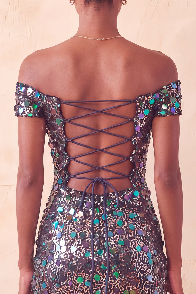 Laden Sie das Bild in den Galerie-Viewer, Glitzerndes Champagner-Off-the-Shoulder-Bodycon-Homecoming-Kleid mit Pailletten