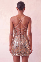 Laden Sie das Bild in den Galerie-Viewer, Glitzerndes silbernes Bodycon Spitzen-Kurzes Homecoming-Kleid mit Pailletten hinten