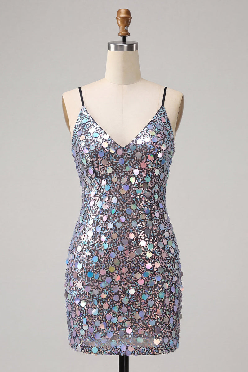 Laden Sie das Bild in den Galerie-Viewer, Glitzerndes silbernes Bodycon Spitzen-Kurzes Homecoming-Kleid mit Pailletten hinten