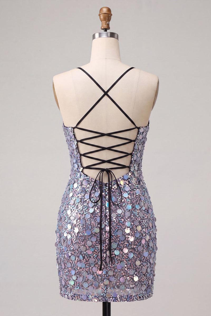 Laden Sie das Bild in den Galerie-Viewer, Glitzerndes silbernes Bodycon Spitzen-Kurzes Homecoming-Kleid mit Pailletten hinten