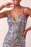 Laden Sie das Bild in den Galerie-Viewer, Glitzerndes silbernes Bodycon Spitzen-Kurzes Homecoming-Kleid mit Pailletten hinten